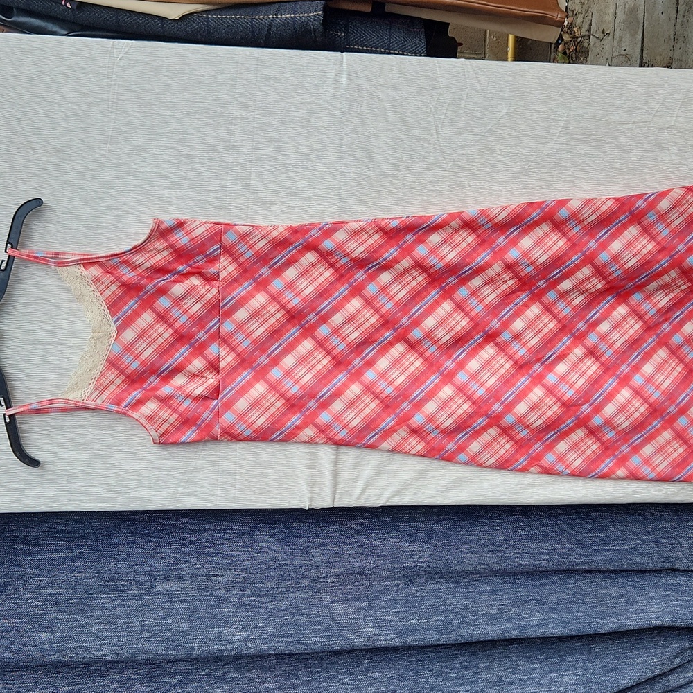 Plaid Slip Dress Red and Blue Lace Spaghetti Strap - Picture 3 of 8